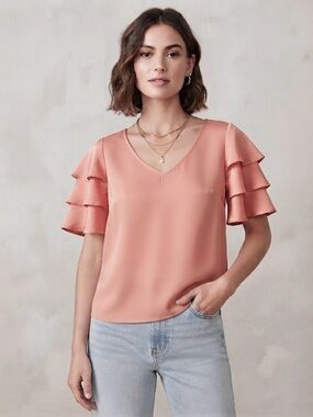 Club Monaco Tiered Flutter-Sleeve V-Neck Blouse
